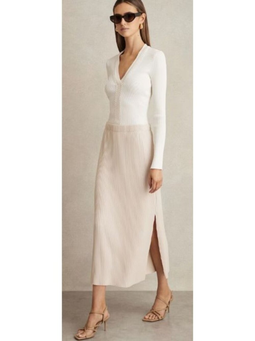 Reiss Pippa Pleated Jersey Midi Skirt in Stone Size 10 New - Picture 1 of 9